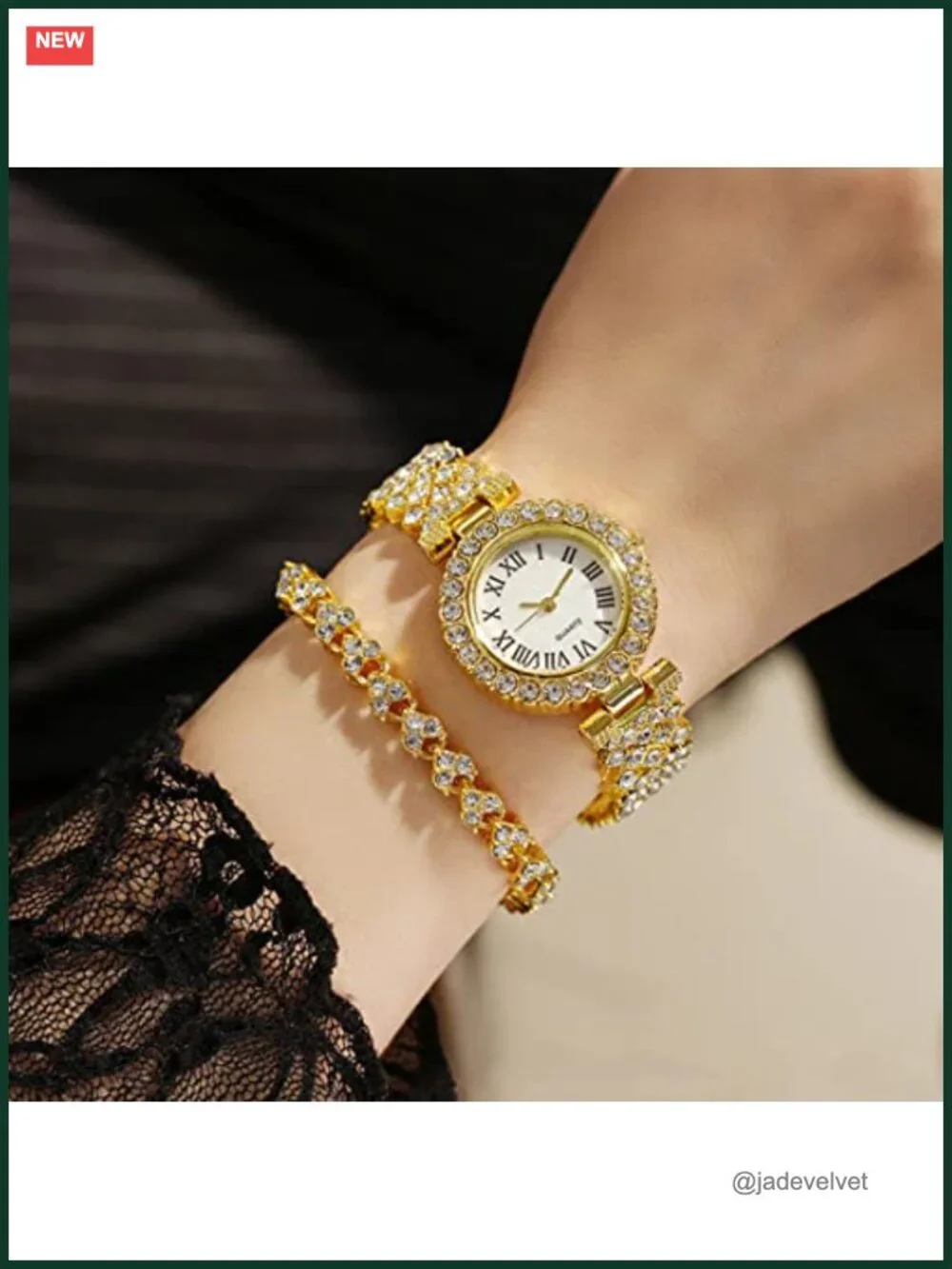 Women's Diamond Wrist Watch Bangle Bracelet Set Quartz Stainless Steel